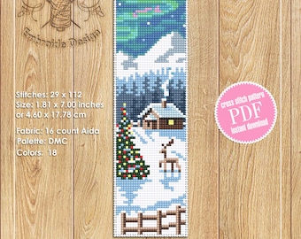 冬のブックマークセットのクロスステッチパターンPDFダウンロード 雪景