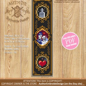 May include: A counted cross stitch pattern featuring a couple in a gothic wedding theme. The pattern includes a tombstone, a heart with a spider web, and a gold frame. The pattern is available as a PDF instant download. The text "AUTHOR Embroide Design" is at the top of the image. The text "ATTENTION! This item is COPYRIGHT! COPYRIGHT OWNER IS THE STORE - AuthorEmbroideDesign (on the Etsy site) - SALE OF THIS PRODUCT FROM OTHER SOURCES IS ILLEGAL! Violators will be punished in accordance with international copyright law." is at the bottom of the image.
