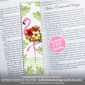 May include: A cross stitch pattern featuring a pink flamingo standing in a pool of water surrounded by green leaves and flowers. The pattern is titled "Author Embroide Design" and includes a PDF download.