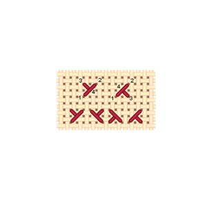 May include: A close-up of a cross-stitch pattern with red thread on a beige fabric. The numbers 1, 2, 3, and 4 are visible on the fabric, indicating the order of the stitches.