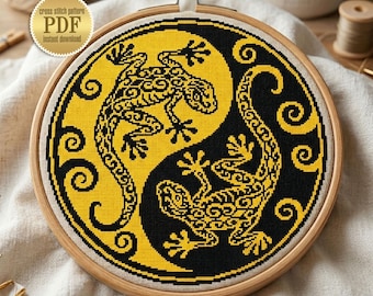 Yin Yang Gecko Mandala Cross Stitch Pattern, Modern Lizard Counted Charts, Easy Beginner PDF Download, Feng Shui Zen Needlepoint Decor #M217