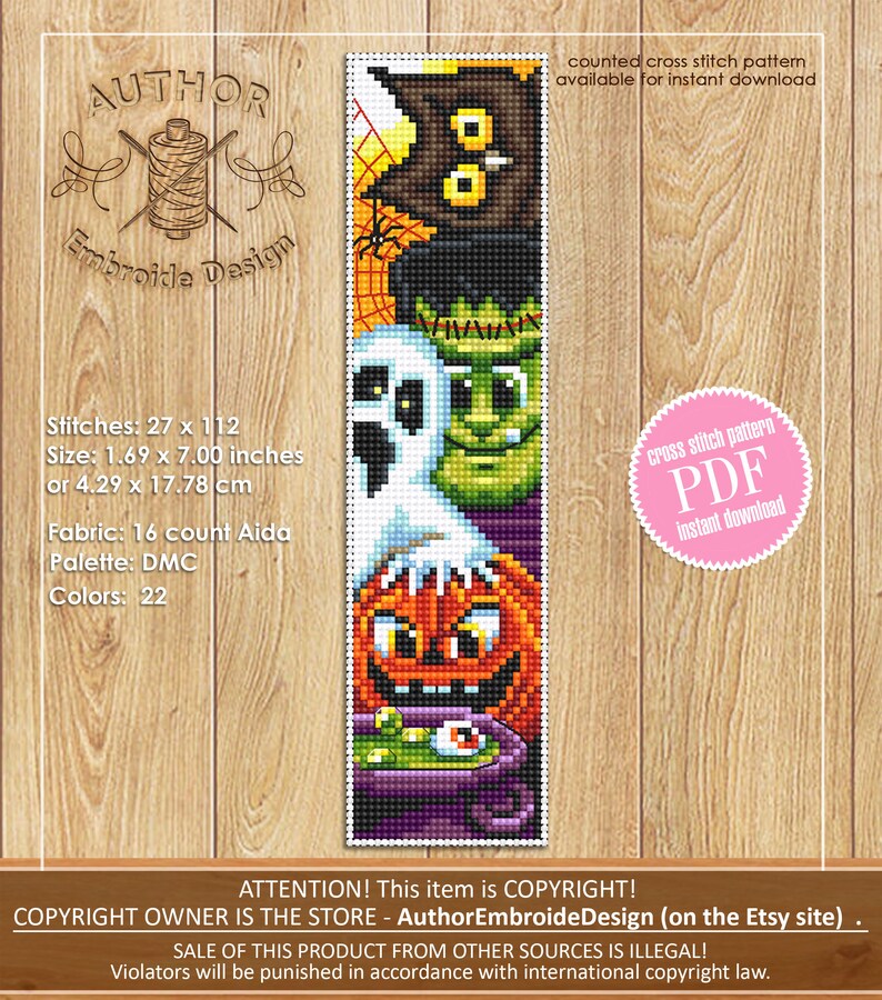 Halloween Bookmark Cross Stitch Pattern Download PDF Handmade Bookmark ...