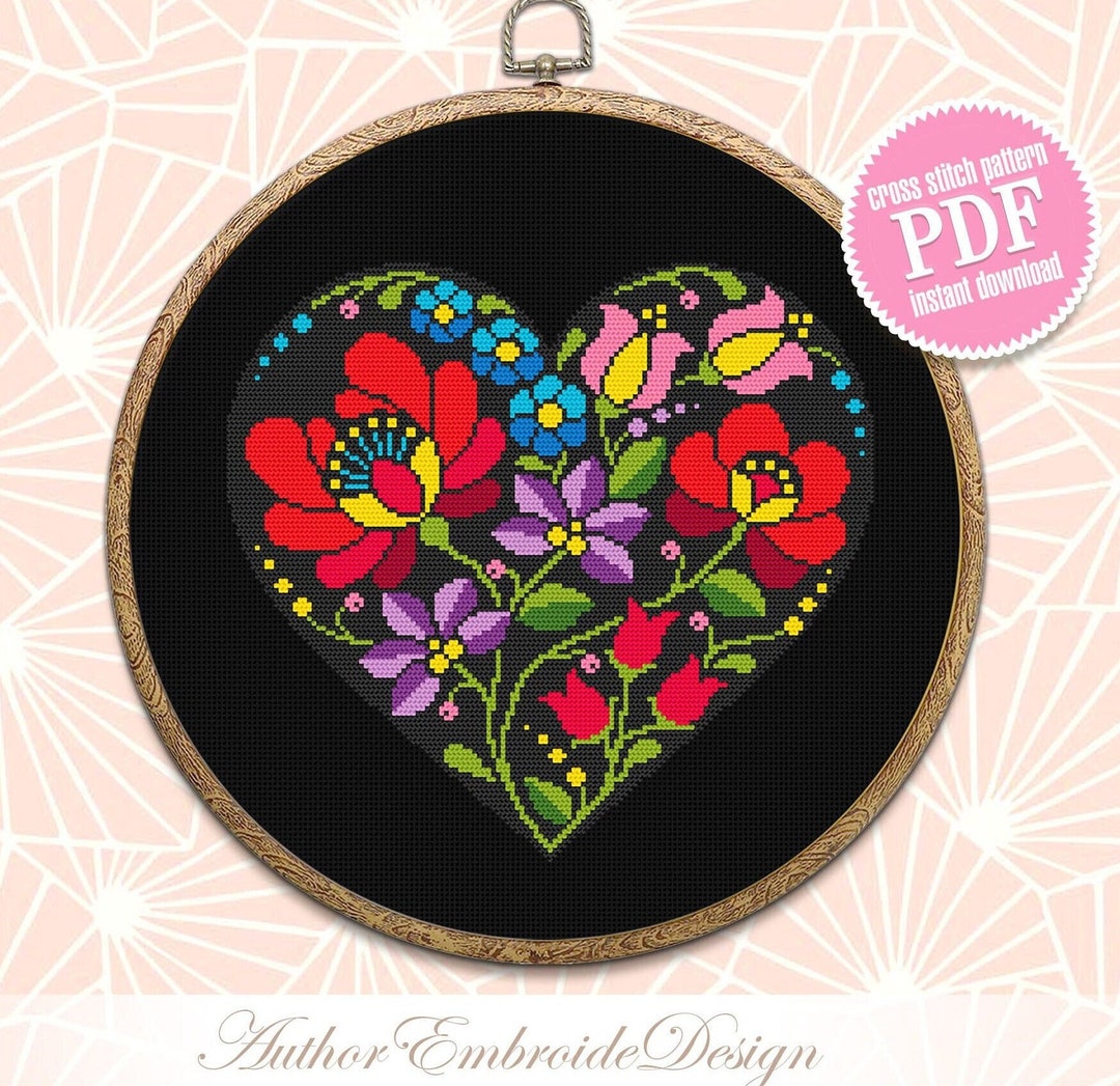 Flower Heart Cross Stitch Pattern PDF Download Folk Flowers Cross ...