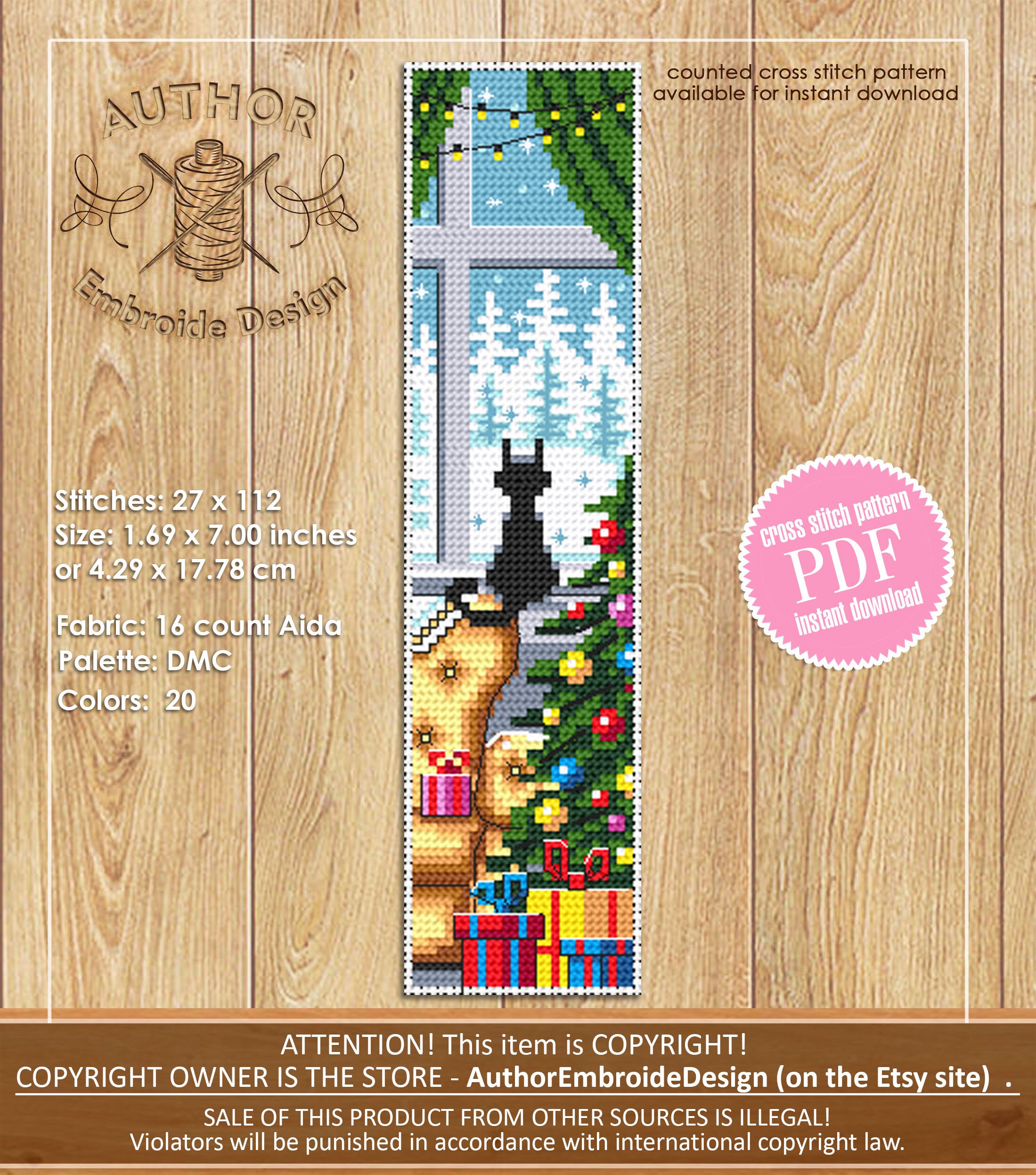 Cat Bookmark Cross Stitch Pattern Download PDF Christmas Handmade ...