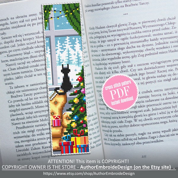 Chat marque-page point de croix modèle télécharger PDF Noël fait main signet numérique PDF, mignon chat noir broderie arbre de Noël point #B94