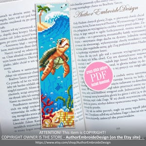 May include: Cross-stitch bookmark featuring a sea turtle swimming near coral and a wave. The bookmark is a vibrant mix of blue, orange, and green, with the text "Author EmbroideDesign" at the top.