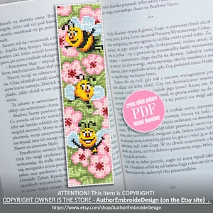 Bokmärk kawaii korsstygnsmönster PDF Handgjort bokmärke blommor broderi nybörjare Natur xstitch diagram Söta bin korsstygn #B34