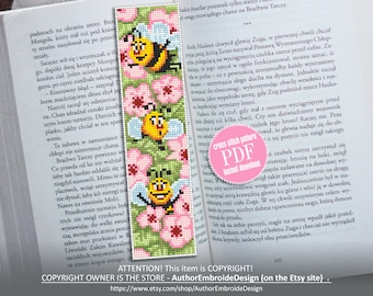 Bookmark kawaii cross stitch pattern PDF Handmade bookmark flowers embroidery beginners Nature xstitch chart Cute bees cross stitch #B34