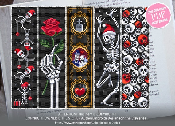 Gothic bookmark set cross stitch pattern PDF download Halloween Christmas cross stitch chart, Dancing skeleton cross stitch, Horror  #B137