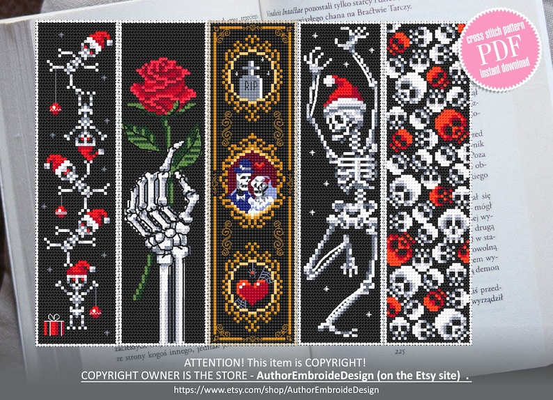 May include: Four black and white cross stitch bookmark patterns featuring a skeleton holding a rose, a skeleton couple in a frame, a skeleton wearing a Santa hat, and a skeleton with skulls and red flowers. The patterns are available as a PDF instant download.
