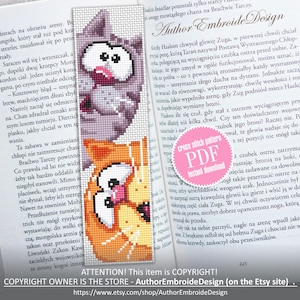 May include: Cross-stitch bookmark with a grey owl and an orange cat design. The bookmark is in a book with Polish text. The bookmark is a PDF instant download. The bookmark is a PDF instant download.