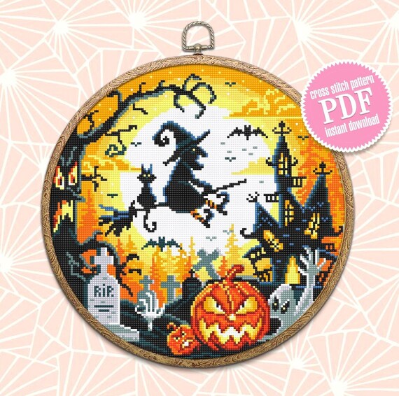 WOWDECOR - Kit per ricamo a punto croce, motivo: castello di Halloween con luna, 11CT timbrato fai da te DMC cucito facile per principianti