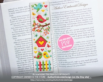 Patrón de punto de cruz para marcapáginas de primavera Descarga en PDF Gráfico de punto de cruz de pájaros románticos, Patrón de marcador de pájaro digital para principiantes #B416