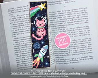 Cat in space bookmark cross stitch pattern PDF download Cute galaxy cat cross stitch chart, Handmade bookmark digital, Cat lover gift #B198