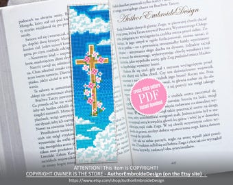 Marque-page chrétien au point de croix à télécharger PDF Grille de point de croix Sainte-Croix avec fleurs, marque-page biblique numérique PDF #B444