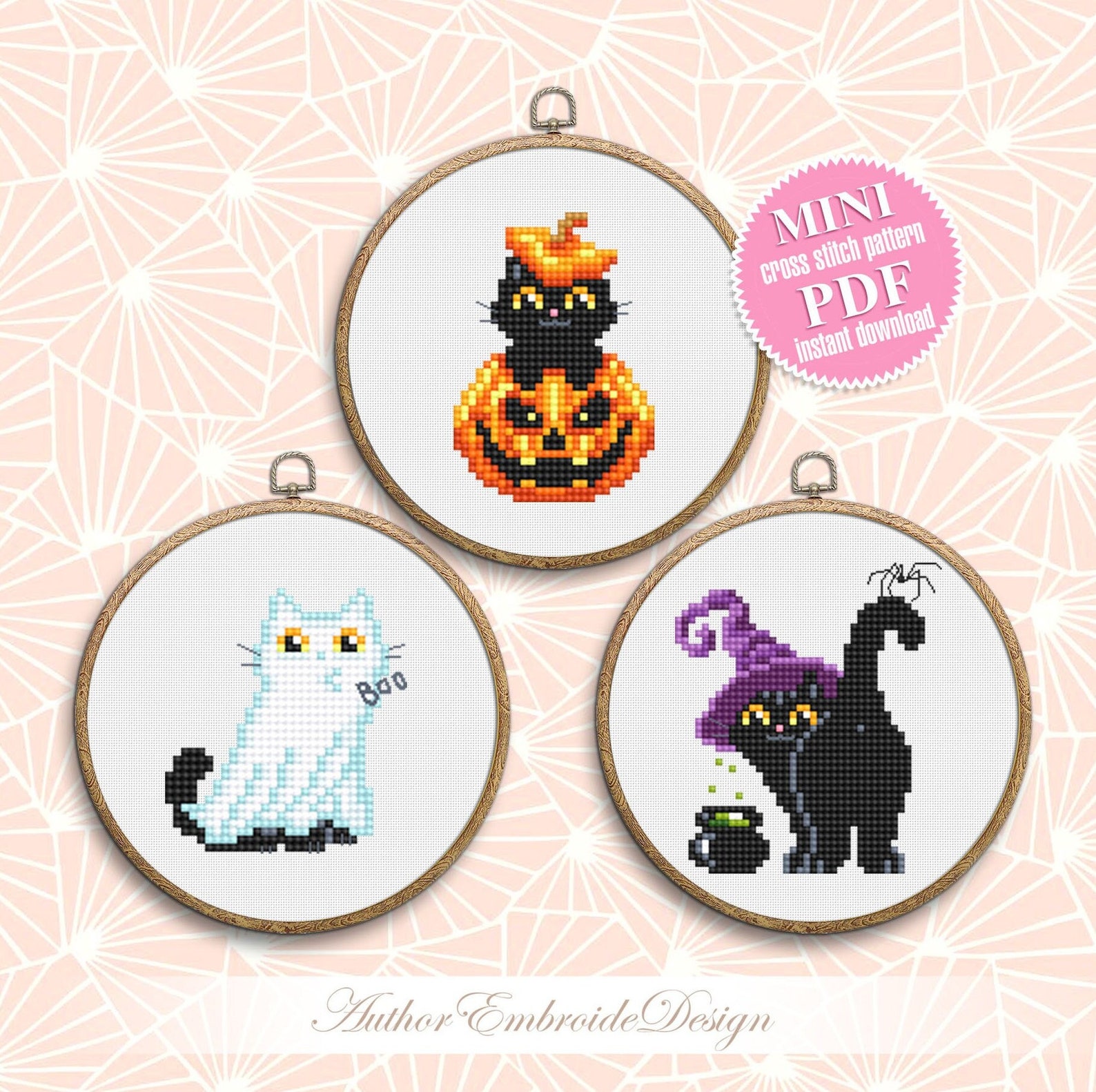 Set Halloween Cats Cross Stitch Pattern PDF Download Cute Black Cat ...