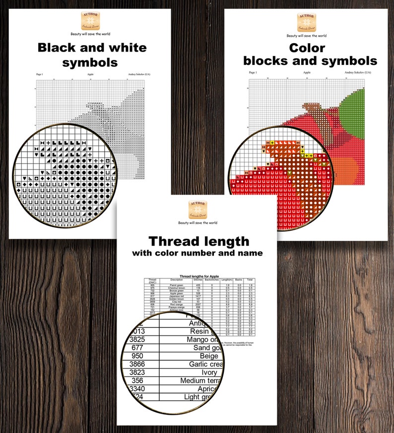 May include: A cross-stitch pattern for an apple, with black and white symbols, colour blocks and symbols, and a thread length chart with colour numbers and names.
