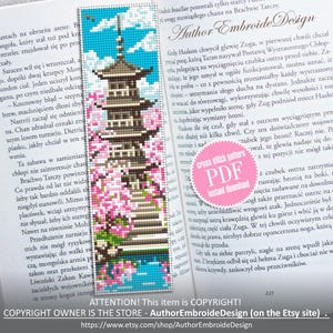 Spring bookmark cross stitch pattern PDF download Japanese pagoda cross stitch chart for beginner, Sakura bookmark pattern digital PDF #B470