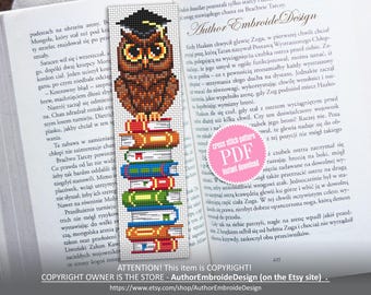 Uil bladwijzer kruissteekpatroon PDF-download Uil op boeken kruissteekkaart, handgemaakte bladwijzerpatroon digitale pdf, cadeau boekenliefhebber #B532