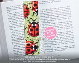 Ladybug bookmark cross stitch pattern PDF download Red bug cross stitch chart, Cute bookmark pattern digital PDF, Ladybug ornament #B280