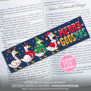 Christmas gooses bookmark cross stitch pattern PDF instant download Silly goose cross stitch chart, Merry goosmas pattern digital PDF #B547