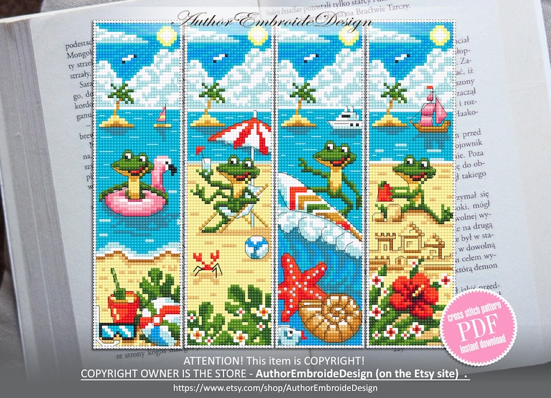 Beach Bookmarks Cross Stitch Pattern PDF Download Funny Frog Cross ...