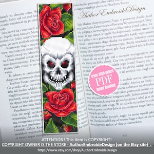 Gothic bookmark cross stitch pattern PDF download Skull and roses cross stitch chart, Bookmark pattern digital PDF, Red flowers #B372