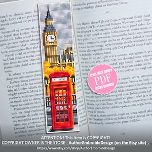 Korsstygnsmönster för bokmärken i London, PDF-nedladdning, korsstygnsdiagram för röd telefonkiosk, digitalt bokmärkesmönster i PDF-format, Big Ben England #B30