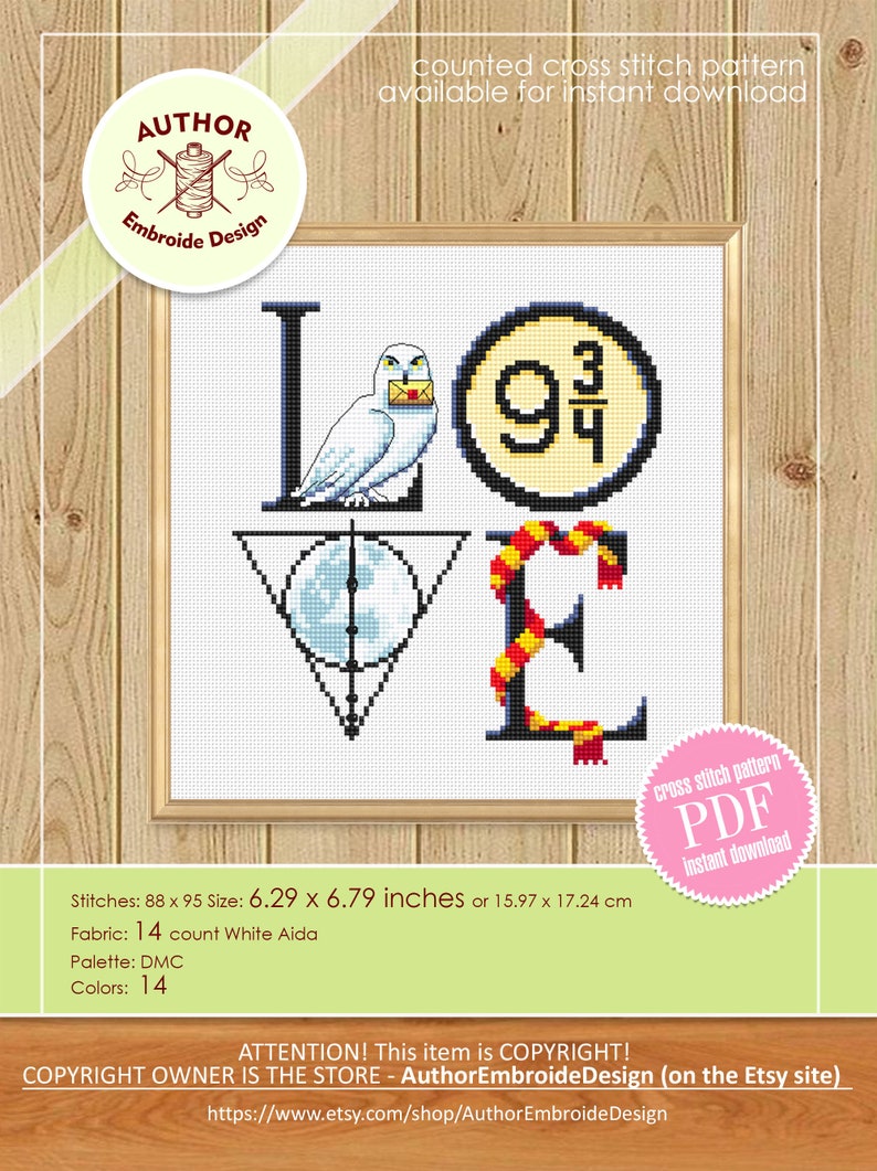 May include: Counted cross stitch pattern of the word "LOVE" with Harry Potter themed imagery. The "L" is a white owl holding a letter, the "O" is the Deathly Hallows symbol, the "V" is the Platform 9 3/4 sign, and the "E" is a red and gold scarf. The pattern is available for instant download as a PDF.