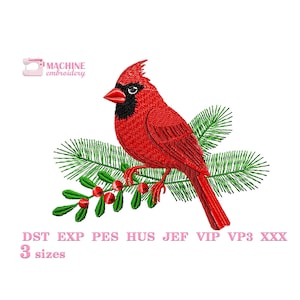 Cardinal embroidery design, Christmas machine embroidery pattern 3 size, Embroidery files bird ornaments for Christmas instant download #R20