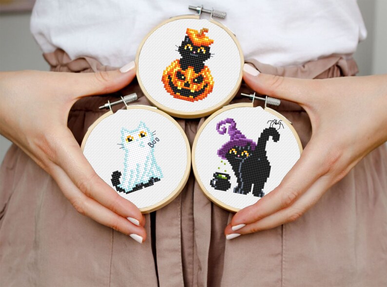 Set Halloween Cats Cross Stitch Pattern PDF Download Cute Black Cat ...