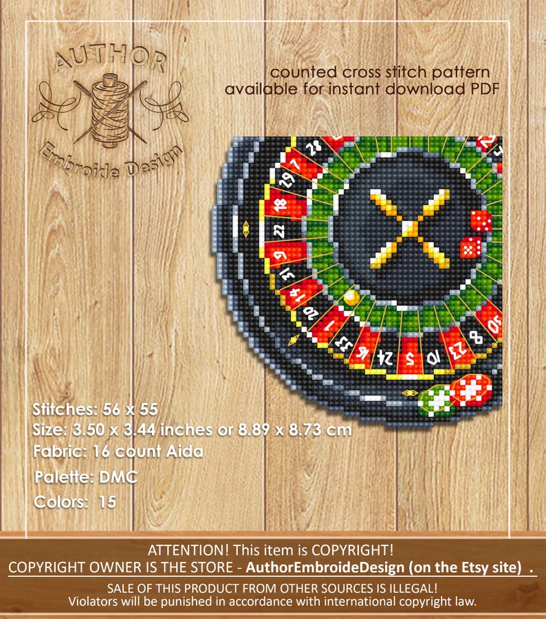 Op de afbeelding: Geteld kruissteekpatroon van een roulettewiel met een rood-groen kleurenschema. Het patroon is beschikbaar voor directe download als PDF. Het patroon is 3,50 inch bij 3,44 inch of 8,89 cm bij 8,73 cm. Het vereist 16 count Aida stof en 15 kleuren DMC garen.