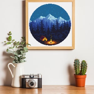 Nature cross stitch pattern download PDF Mountain landscape cross stitch Camping tent xstitch chart Night nature PDF Travel home decor L43 image 4