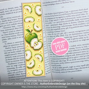 Fruit bookmark cross stitch pattern PDF download Green apple cross stitch chart, Digital bookmark pattern, Small flowers cross stitch #B140