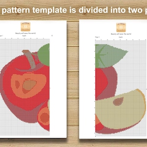 May include: Two cross-stitch pattern templates of a red apple with green leaves and a slice, on white paper. The text "Beauty will save the world" and "Apple" are visible. The pattern template is divided into two parts.
