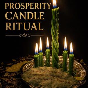 May include: A candle ritual arrangement with green candles and lit flames. The text "PROSPERITY CANDLE RITUAL" is in gold. A leaf with text is in front of the candles, and the words "PHOTO PROOF" are at the bottom of the image.