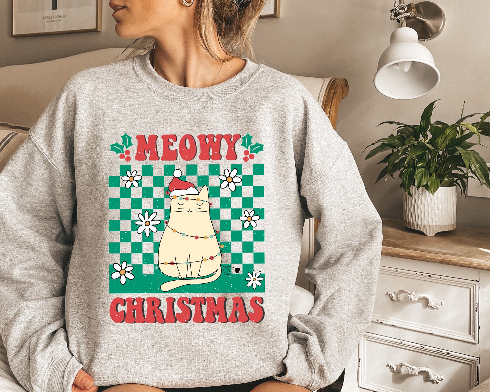 Discover Meowy Christmas Sweatshirt, Ugly Sweater, Classic Christmas Vintage, Xmas Outfit, Cat lover gift, Hippie Christmas Crewneck, vintage graphic