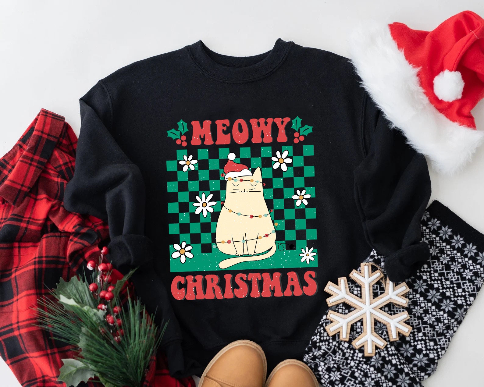 Discover Meowy Christmas Sweatshirt, Ugly Sweater, Classic Christmas Vintage, Xmas Outfit, Cat lover gift, Hippie Christmas Crewneck, vintage graphic