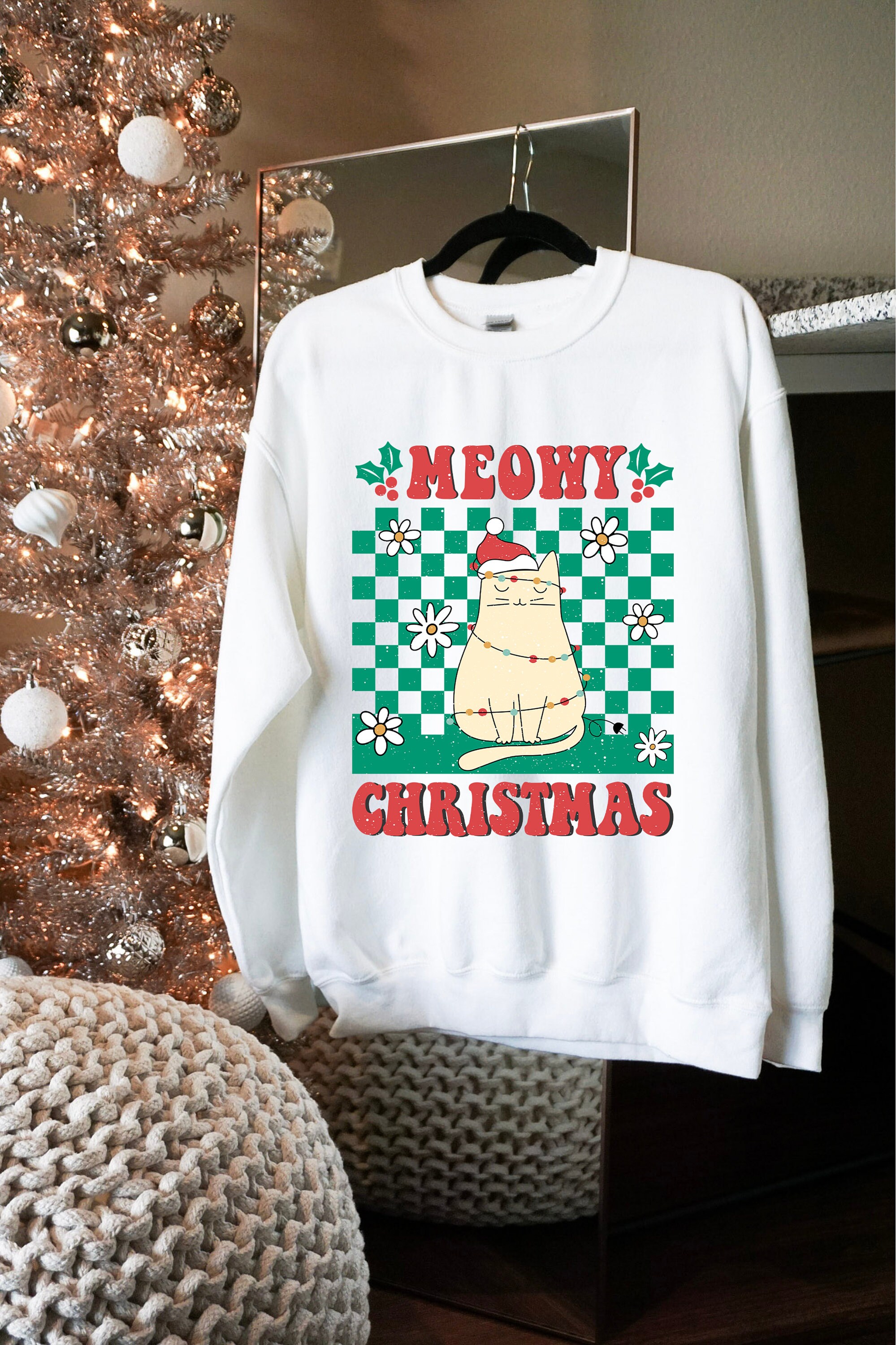 Discover Meowy Christmas Sweatshirt, Ugly Sweater, Classic Christmas Vintage, Xmas Outfit, Cat lover gift, Hippie Christmas Crewneck, vintage graphic