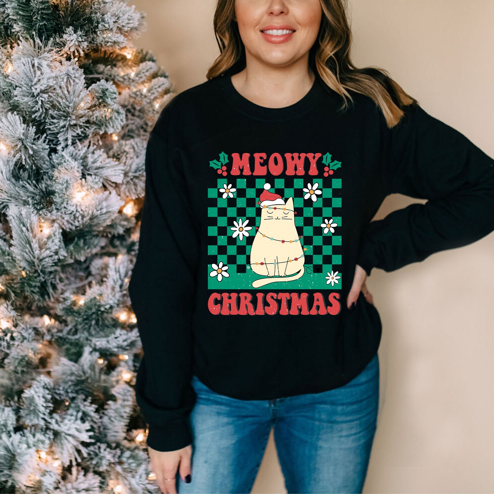 Discover Meowy Christmas Sweatshirt, Ugly Sweater, Classic Christmas Vintage, Xmas Outfit, Cat lover gift, Hippie Christmas Crewneck, vintage graphic