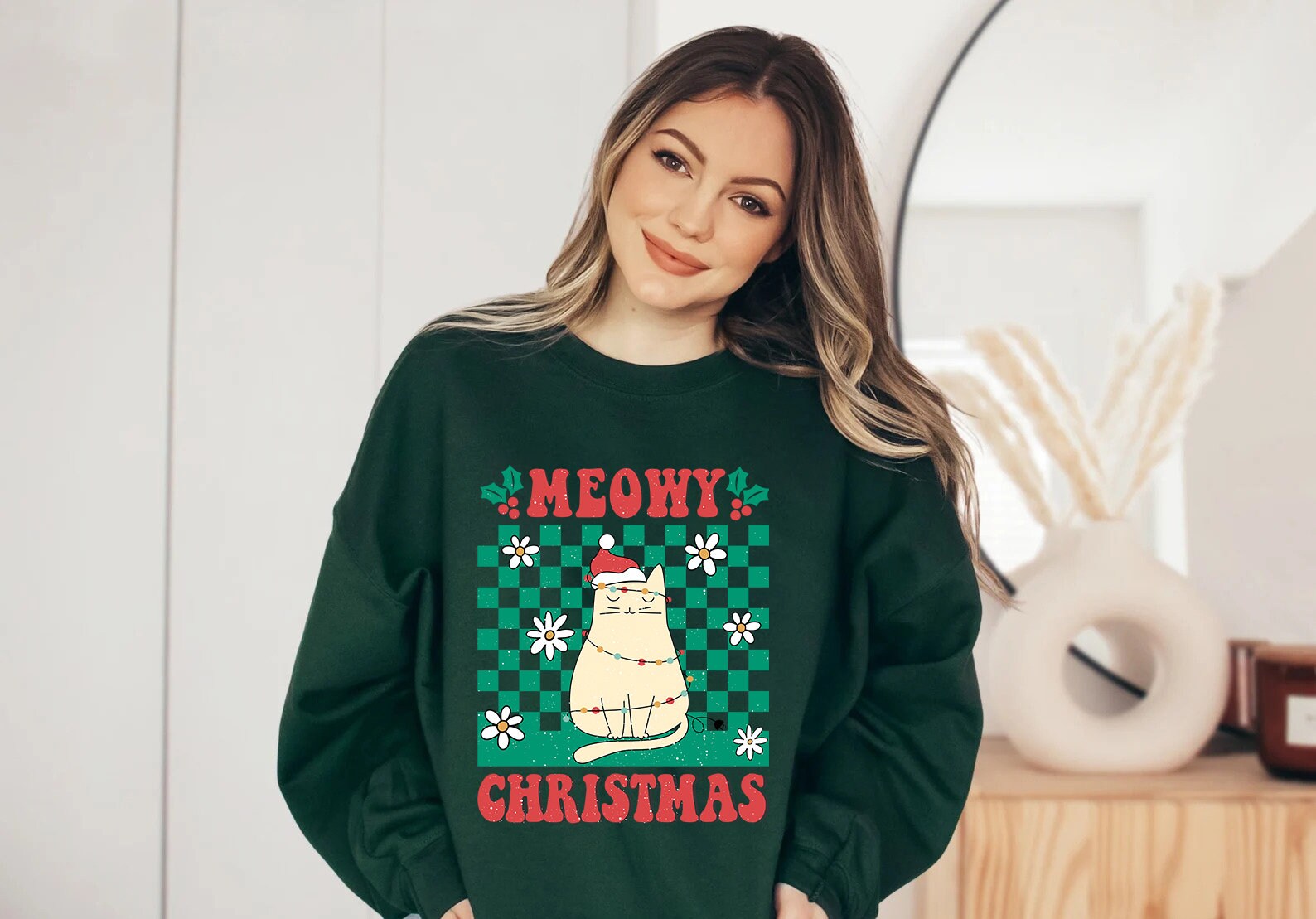 Discover Meowy Christmas Sweatshirt, Ugly Sweater, Classic Christmas Vintage, Xmas Outfit, Cat lover gift, Hippie Christmas Crewneck, vintage graphic