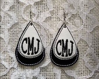 Black and White Monogrammed Earrings, Personalized Earrings, Customized Earrings