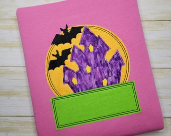 Haunted House Embroidery Design, Digital Design, Halloween Applique, Haunted House Applique, Spooky House and Bats Embroidery