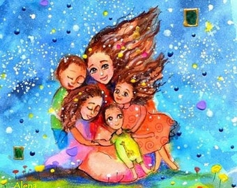 four children with painted mother, motherhood, motherhood, big family. brothers art, four children, family illustration, mother's day gift