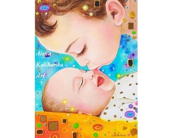 brothers painting, brothers print, brother and sister illustration, kids room print, boy room decor, kiss illustration, little sister birth