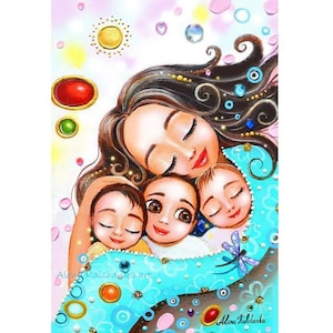 three brothers, mother with three children, Maternity art baby room decor, gift family walle decor, Mother&#39;s gift, sons decor art, home art