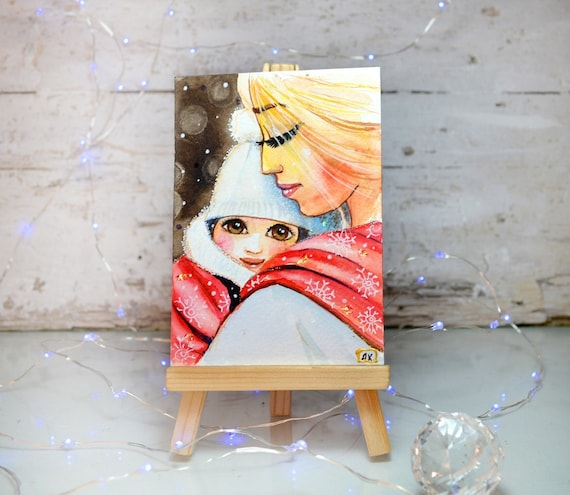 original painting mom with baby, mini painting collection original painting  sweet motherhood mommy and baby gift for mom art hug baby room
