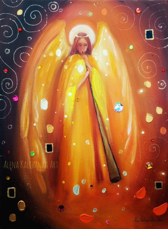 Original painting Guardian Angel Art angel icon modern art | Etsy