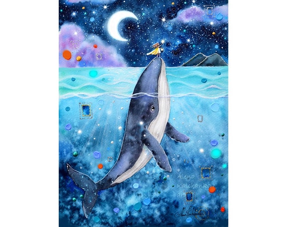 クジラと少女、クジラのプリント装飾、ザトウクジラのイラスト海の装飾