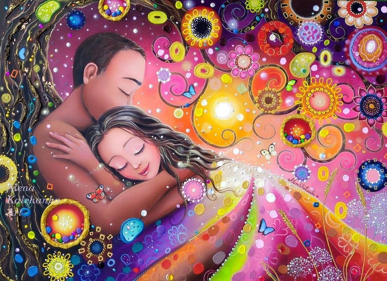 Romantic couple in bed painting Love illustration lovers wall Etsy